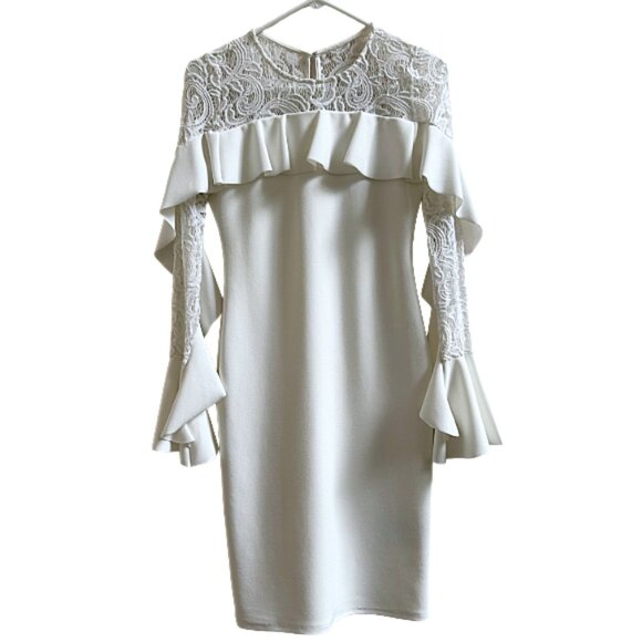 Betsy & Adam White Lace Ruffle Sheath Dress 2 Bridal Cocktail Wedding Guest - Picture 1 of 9